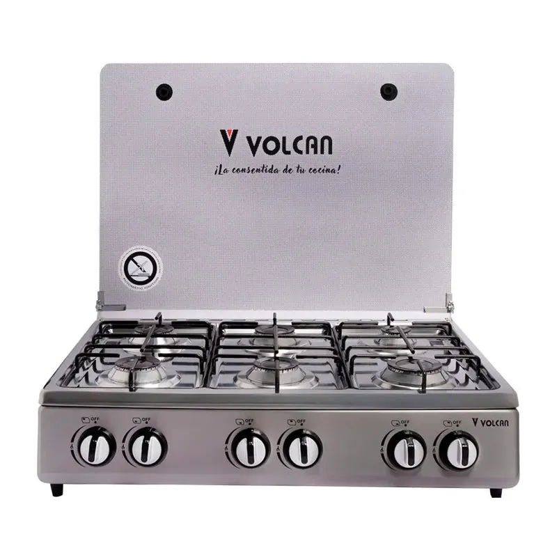 Volcan Plantilla de Gas Acero Inoxidable 6 Quemadores con Tapa de Vidrio, 62117