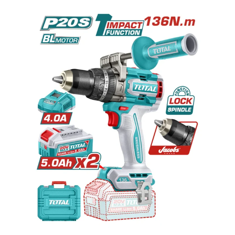 Total Taladro Inalámbrico 136Nm 20V, UTIDLI201368